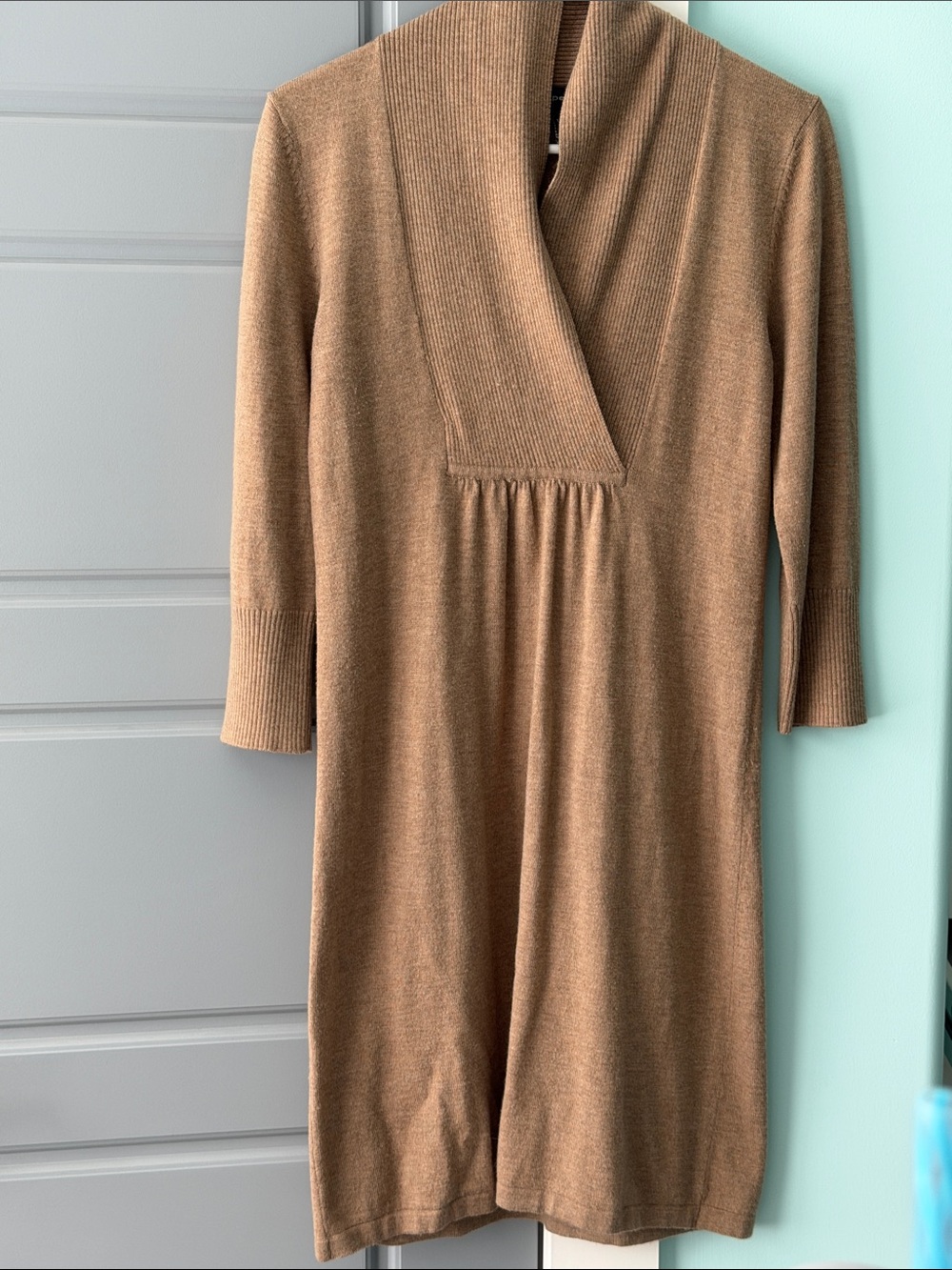 Knit V-Neck Light Brown Dress